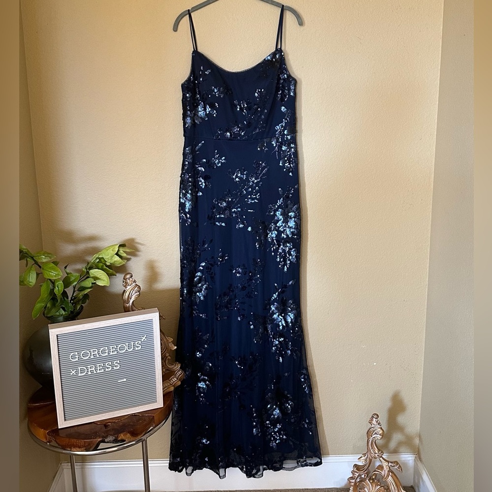 Marchesa Navy Blue Sequined Floral Maxi Dress